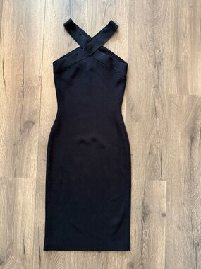 Babaton Black Cross Strap Midi Dress Size Small Bodycon Minimalist Chic